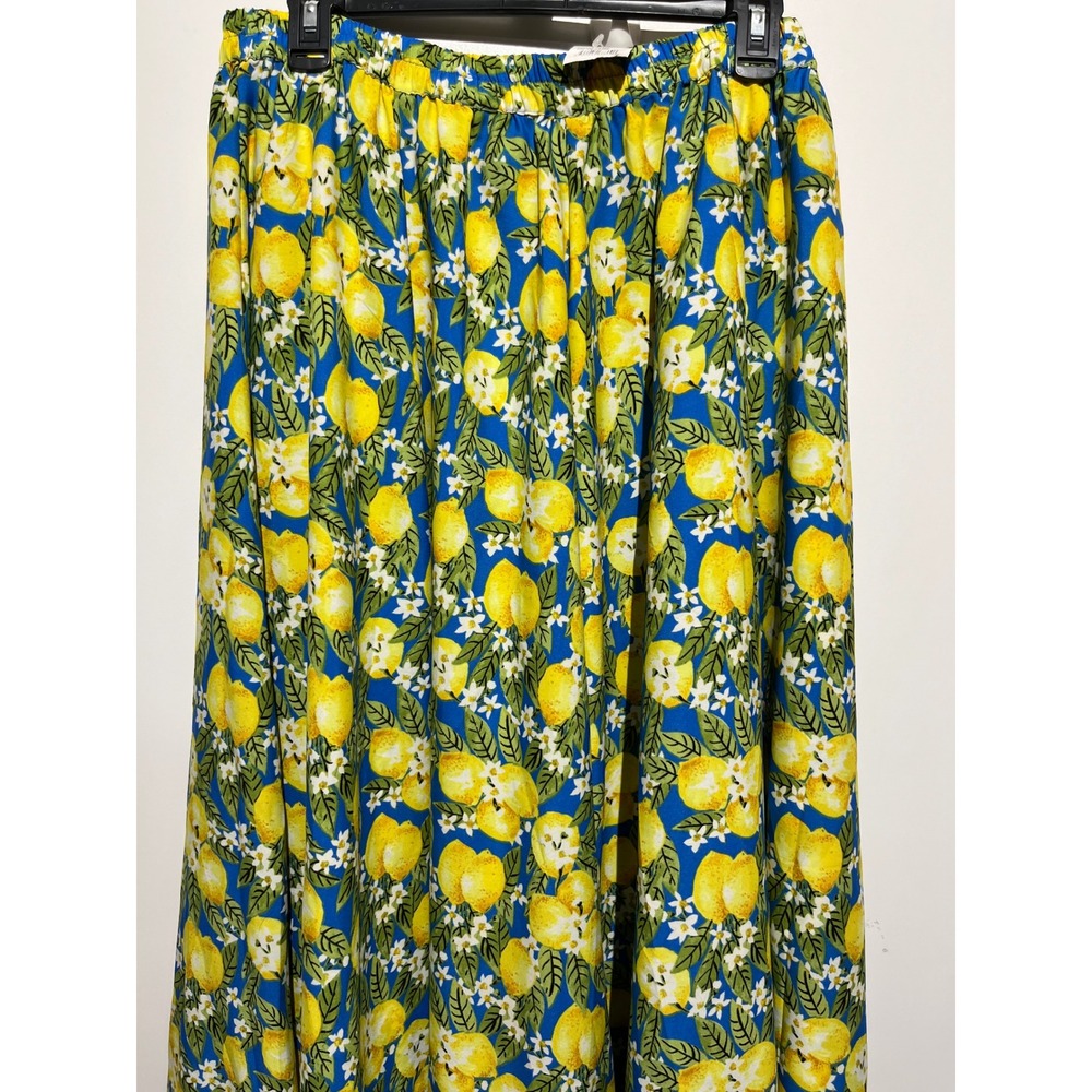 Truly 4 You Womens Lemon Print Maxi Skirt Blue Yellow Elastic Waist Size Large